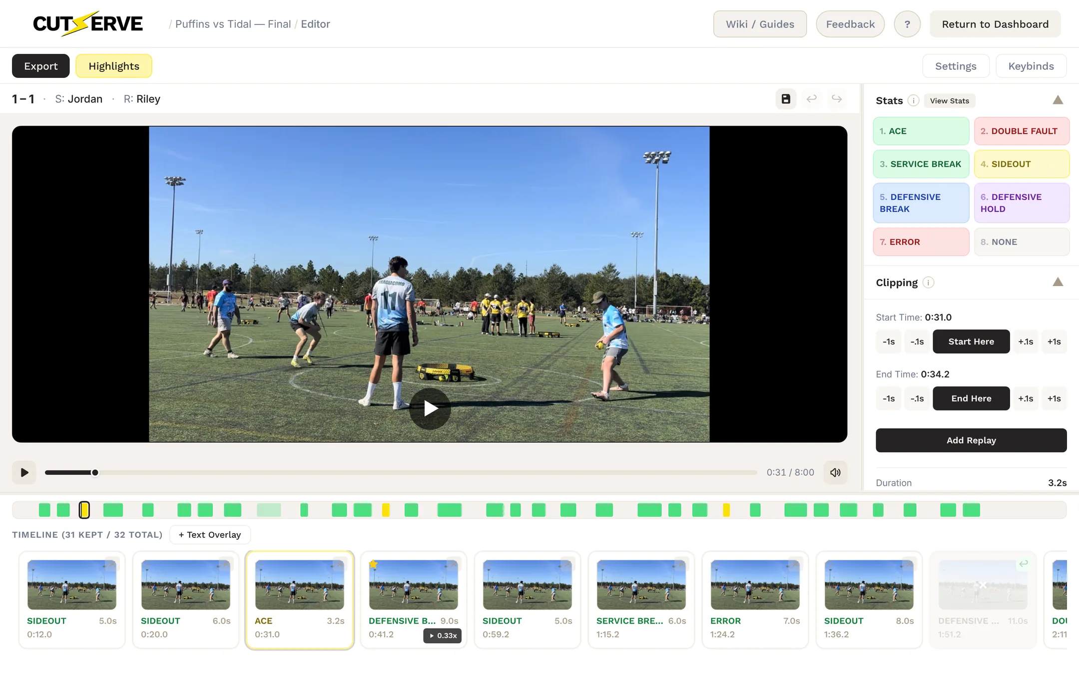CutServe editor with the video player, stat buttons, clipping controls and a filmstrip of tagged points